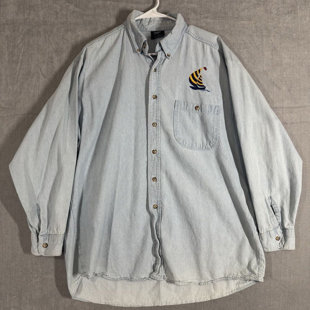 Vintage Three Rivers XL Denim Shirt Blue Embroidered Sailboat Made In USA